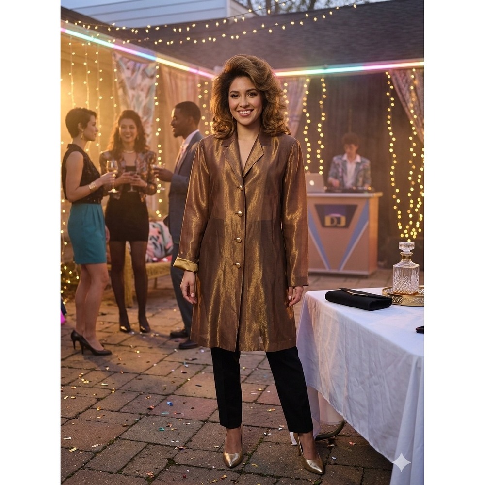 Byblos‎ Duster Coat vintage 80Women Size 42 BronzeSilk Blend Metallic Italy